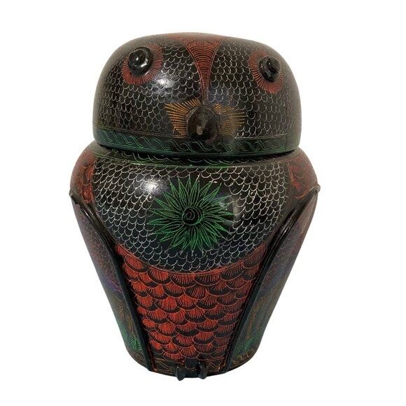 Vintage Burmese Lacquerware Lacquer Owl Box Container Jar - Picture 1 of 8